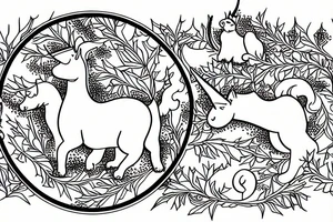 Cat and unicorn under a holly in a round cornelian frame. tattoo idea