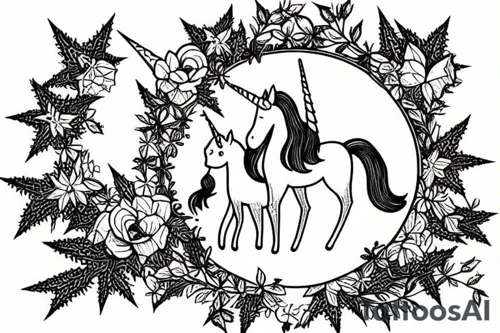 Cat and unicorn under a holly in a round cornelian frame. tattoo idea