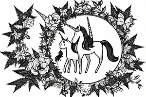 Cat and unicorn under a holly in a round cornelian frame. tattoo idea