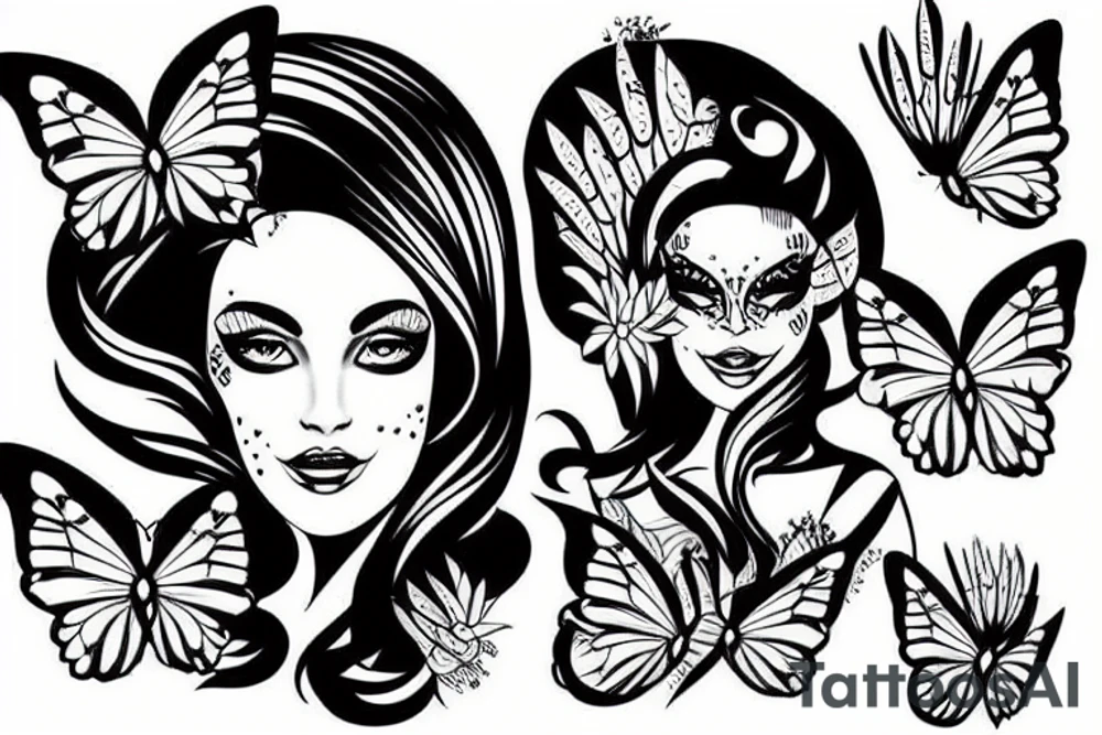 Lady head with butterfly wings tattoo idea