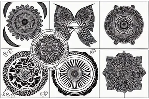 Geometric crow with mandala designs for feathers tattoo idea