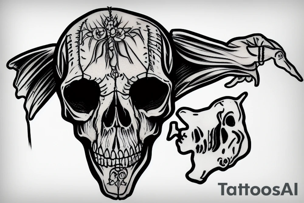 Robed skeleton with cow skull for a head reading from a large book tattoo idea