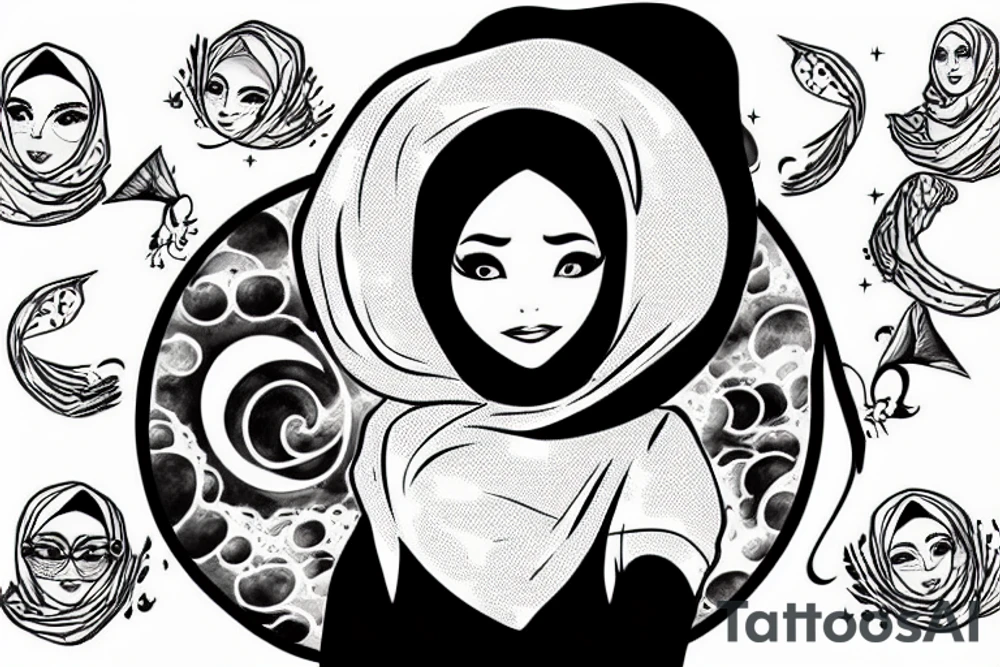 women with hijab in car flying on moon tattoo idea