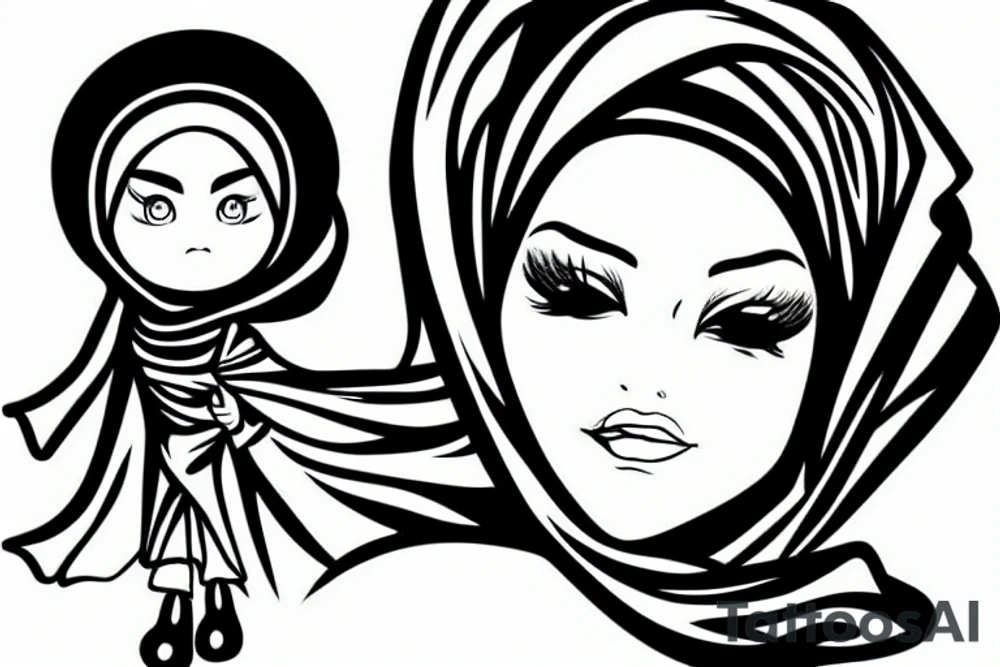 women with hijab in car flying on moon tattoo idea