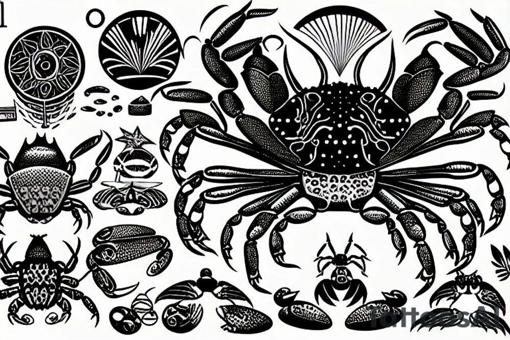 a crab drinking martini in a psychedelic style tattoo idea