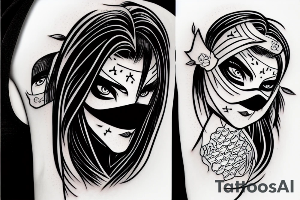 Girl ninja face cover with mask, black work tattoo idea