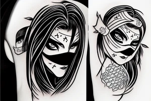 Girl ninja face cover with mask, black work tattoo idea
