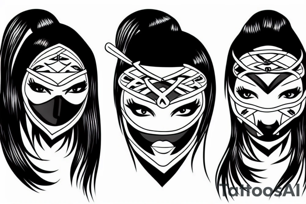 Girl ninja face cover with mask, black work tattoo idea