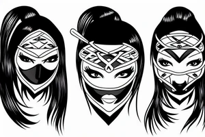 Girl ninja face cover with mask, black work tattoo idea