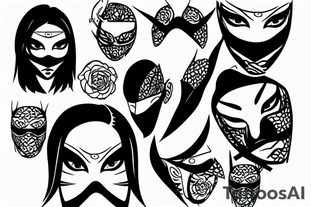 Girl ninja face cover with mask, black work tattoo idea