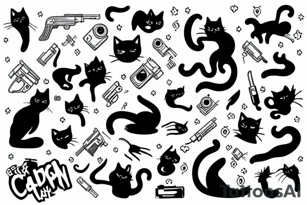 black cat with gun tattoo idea