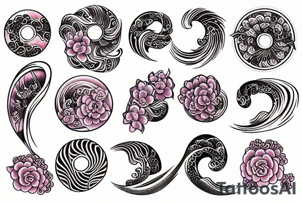 Japanese wave and flowers circle tattoo tattoo idea