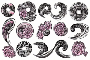 Japanese wave and flowers circle tattoo tattoo idea