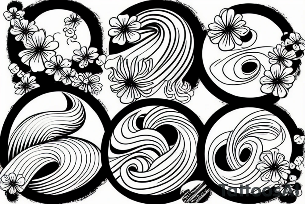 japanese wave with flowers in a circle tattoo idea