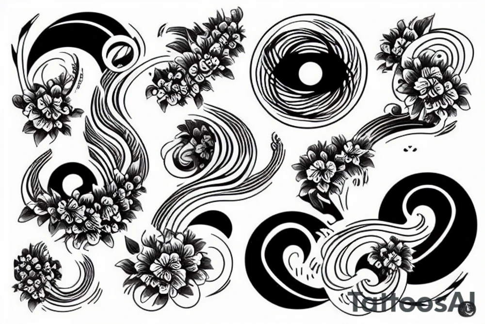 japanese wave with flowers in a circle tattoo idea