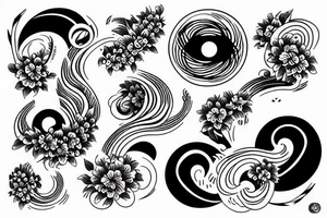 japanese wave with flowers in a circle tattoo idea