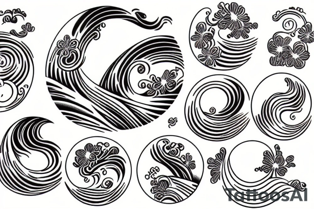 japanese wave with flowers in a circle tattoo idea