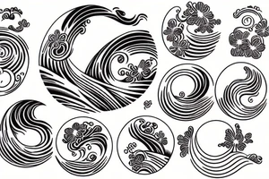 japanese wave with flowers in a circle tattoo idea