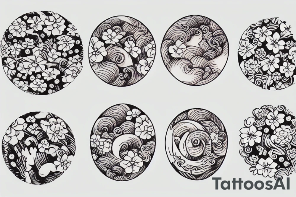 wave with flowers in a circle tattoo idea