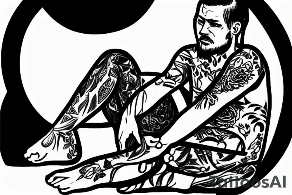 Seated man looking at a bright sunset tattoo idea