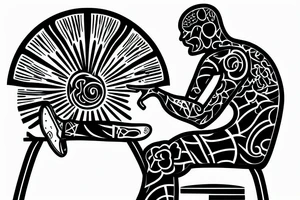 Seated man looking at a bright sunset tattoo idea