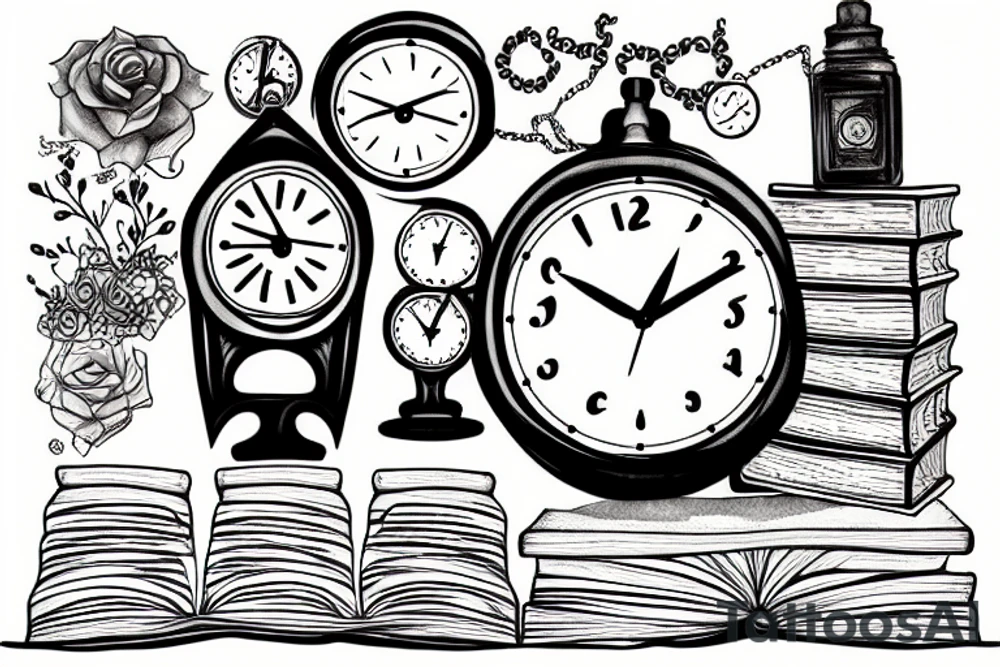 Clock, books, tired man tattoo idea