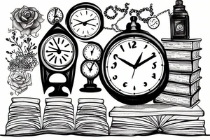 Clock, books, tired man tattoo idea