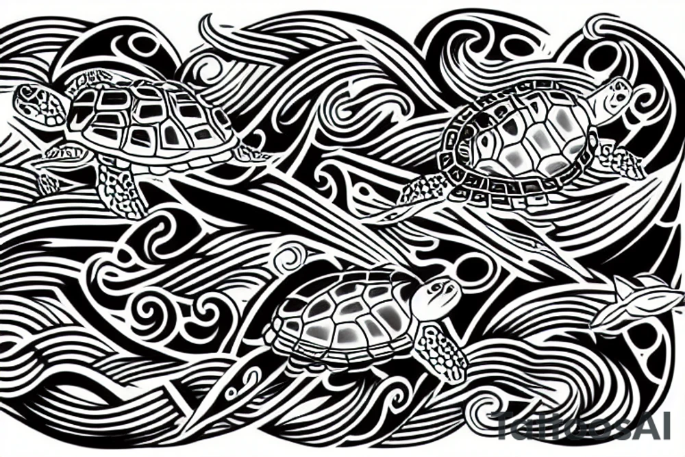 Turtle with sharkfins in Maori style combined with waves. tattoo idea