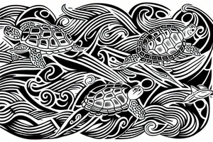 Turtle with sharkfins in Maori style combined with waves. tattoo idea