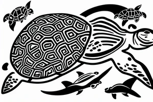 Turtle with sharkfins in Maori style combined with waves. tattoo idea