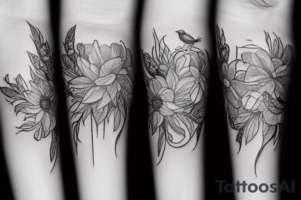 Hortensias and birds tattoo idea