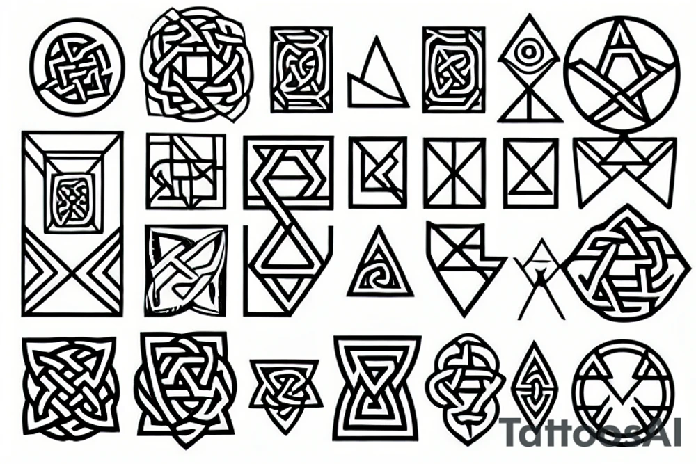 sacred geometric symbols, with triangles, circles and cubes. Thin lines, with celtic symbols tattoo idea