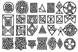 sacred geometric symbols, with triangles, circles and cubes. Thin lines, with celtic symbols tattoo idea