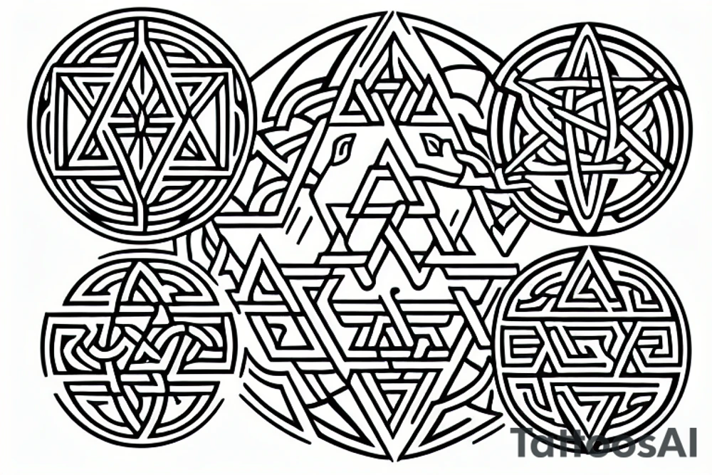 sacred geometric symbols, with triangles, circles and cubes. Thin lines, with celtic symbols tattoo idea