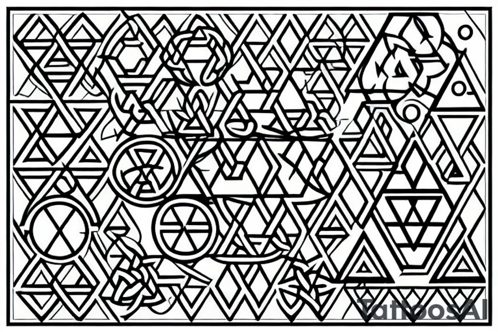 sacred geometric symbols, with triangles, circles and cubes.  Drawn with thin lines, with one celtic symbol in the center tattoo idea