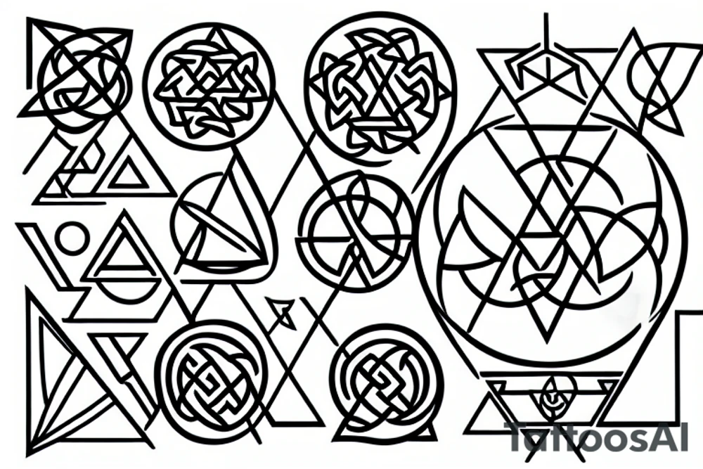 sacred geometric symbols, with triangles, circles and cubes.  Drawn with thin lines, with one celtic symbol in the center tattoo idea