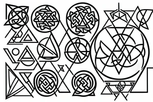 sacred geometric symbols, with triangles, circles and cubes.  Drawn with thin lines, with one celtic symbol in the center tattoo idea