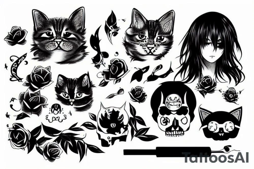 cute cats and hard skulls tattoo idea