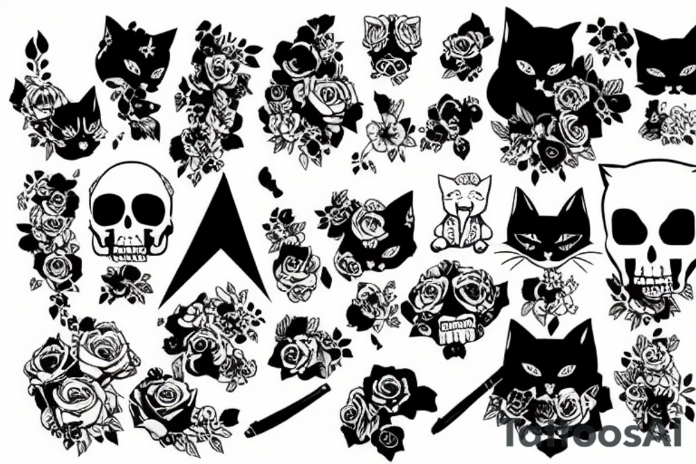 cute cats and hard skulls tattoo idea