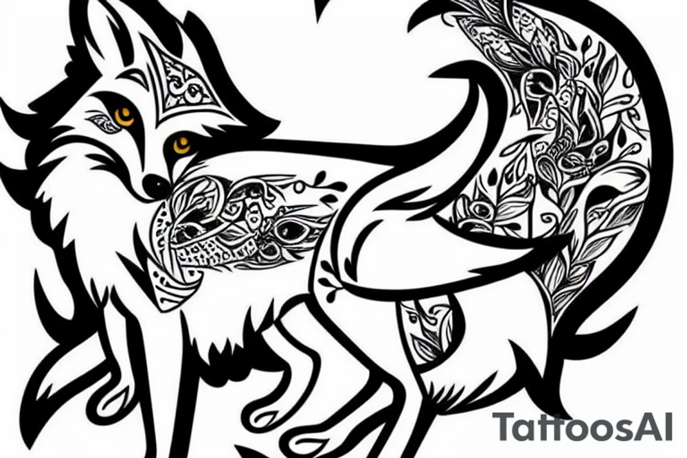 nice full body fox with bird tattoo idea