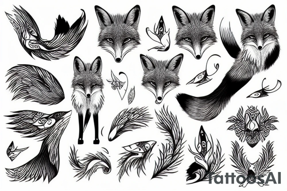 nice full body fox with bird tattoo idea