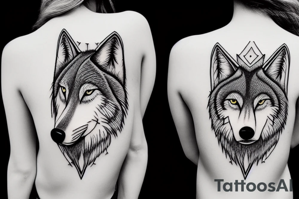 A head of a wise and calm female wolf looking aside to the left tattoo idea