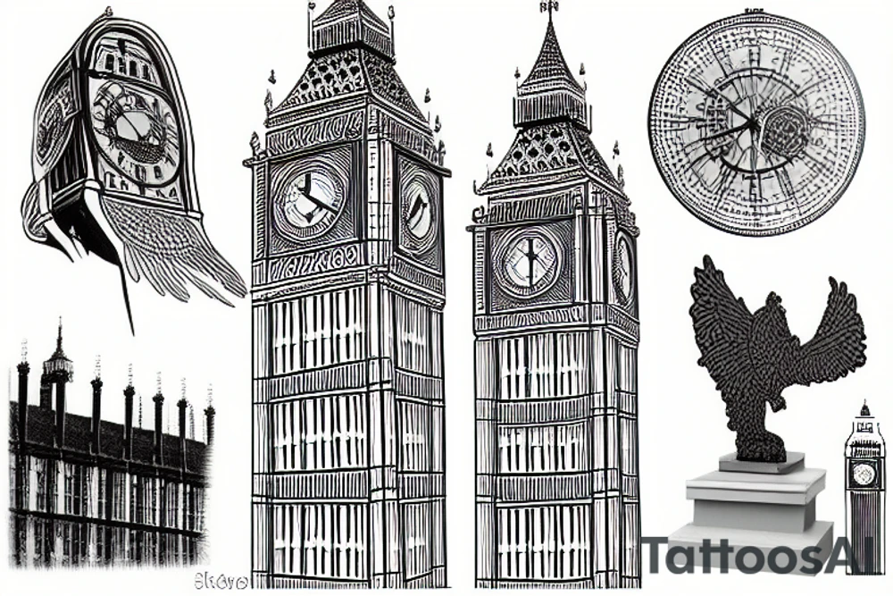 Eagler statue and uk big ben, and forest tattoo idea