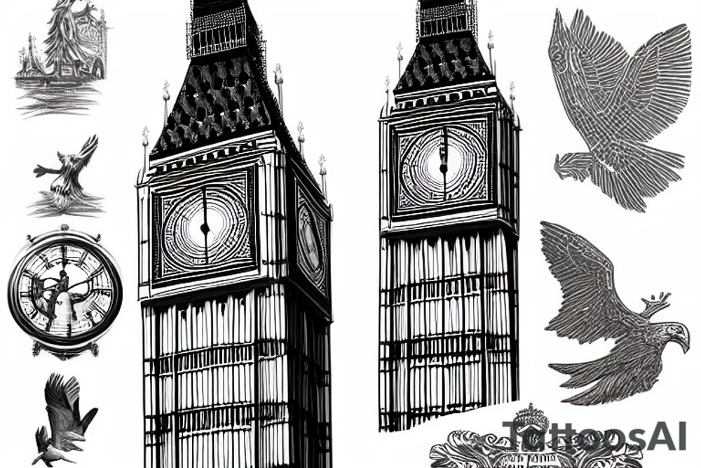 Eagler statue and uk big ben, and forest tattoo idea