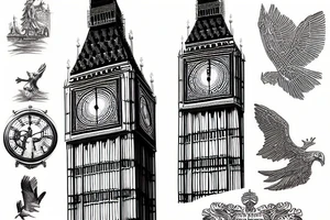 Eagler statue and uk big ben, and forest tattoo idea