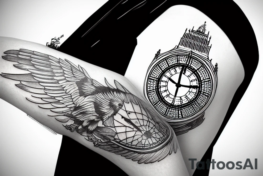 Eagle statue and uk big ben, and forest tattoo idea