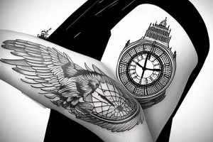 Eagle statue and uk big ben, and forest tattoo idea