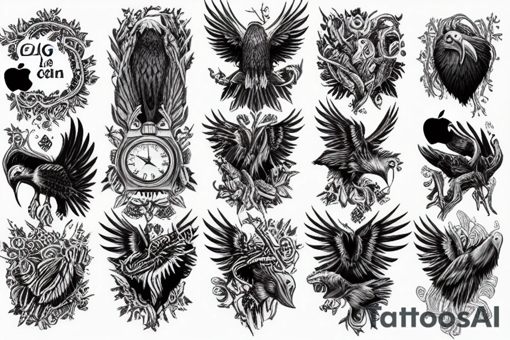Eagle, wolf, forest, big ben, apple, greaps tattoo idea