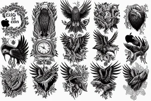 Eagle, wolf, forest, big ben, apple, greaps tattoo idea