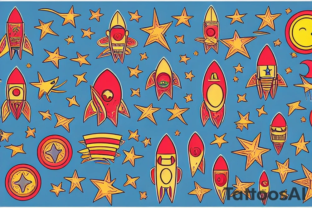 old school rocket with stars colorful tattoo idea